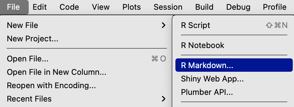 Image of the RStudio UI showing how to create a new Rmarkdown file